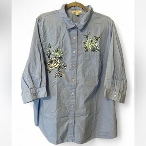 Woman Within Blue Button-Up Shirt